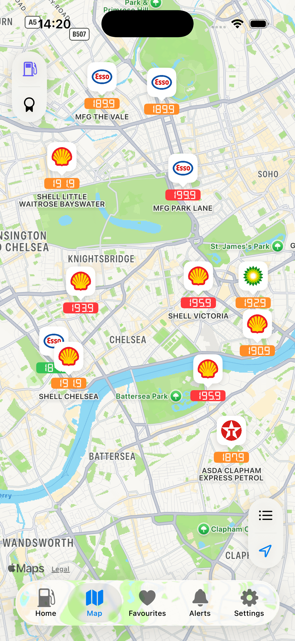 Fuelsy app showing a map of fuel stations with live prices across London